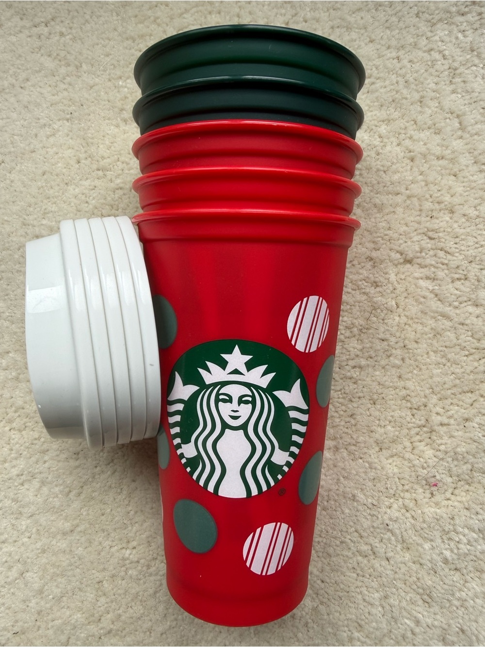 5 Starbucks Red & Green Holiday Tumblers with White Lids-New (3 red & 2 green)